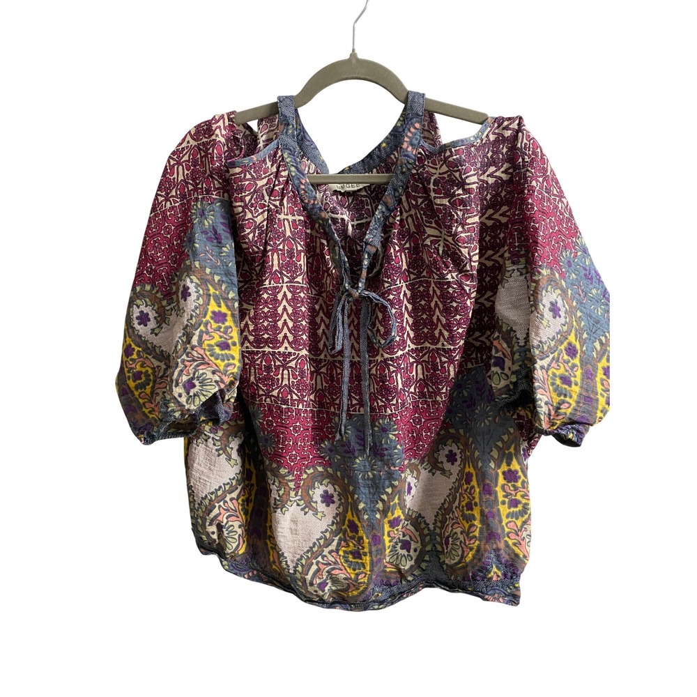 Umgee Plus 2XL Boho Cold Shoulder Paisley Patchwork Bubble Hem Top Cotton Blend